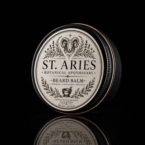 A round metal tin of St. Aries Botanical Apothecary Beard Balm, featuring a detailed black and white label with a ram's head and botanical illustrations, set against a solid black background with a reflection below.