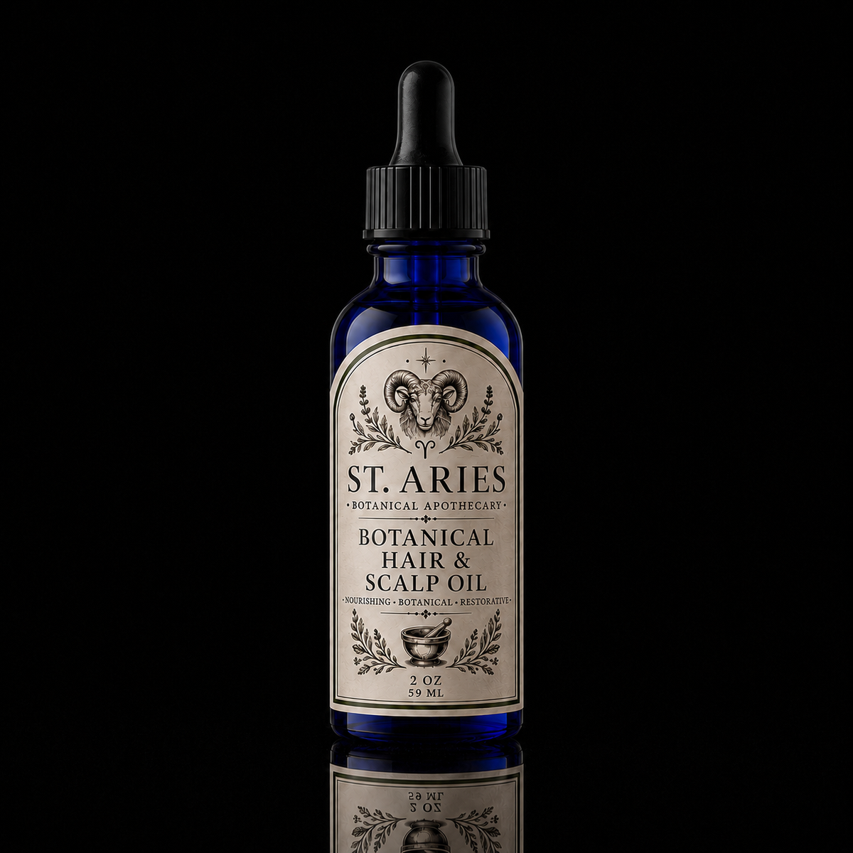 A 2 oz cobalt blue glass dropper bottle of St. Aries Citrus Hair & Scalp Oil, featuring a cream-colored label with black text and a ram illustration, set against a solid black background with a reflection below.