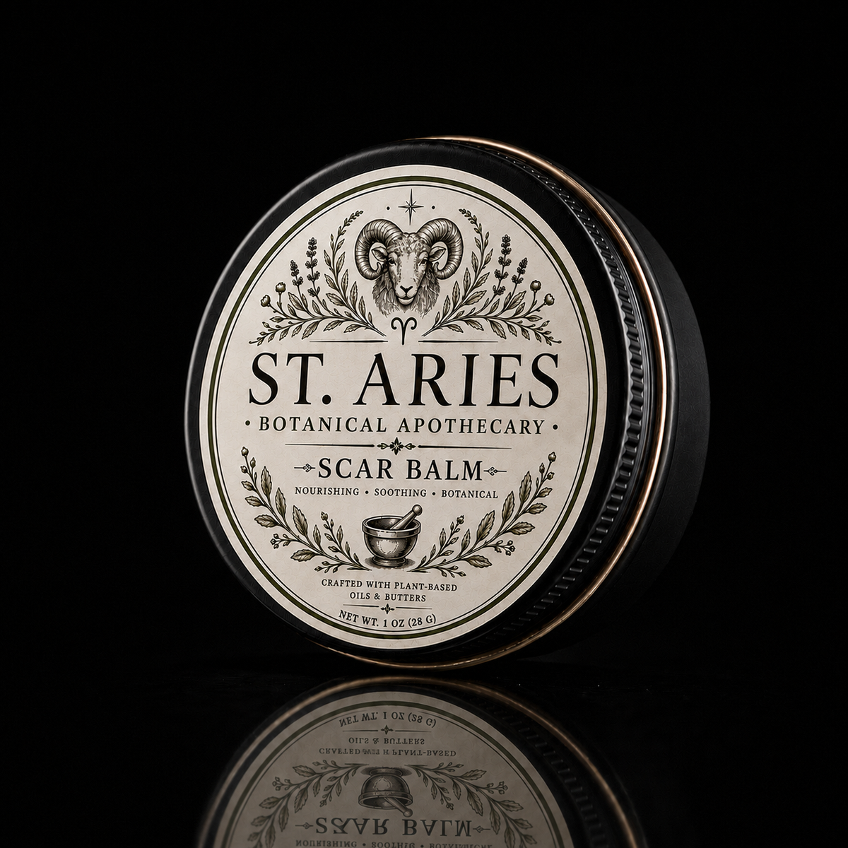 A round metal tin of St. Aries Scar Balm by Botanical Apothecary, featuring a cream-colored label with black text and a ram illustration, set against a solid black background with a reflection below.